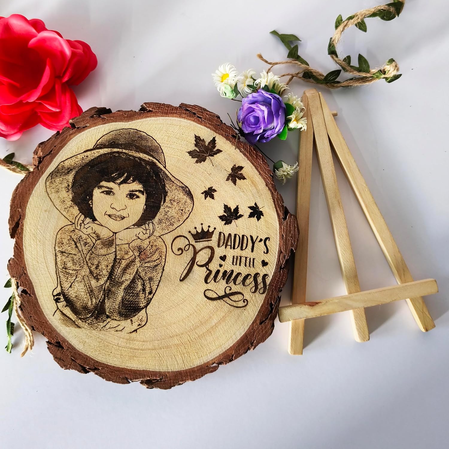 Personalized Engraved Natural Wooden Slice Photo Frame.